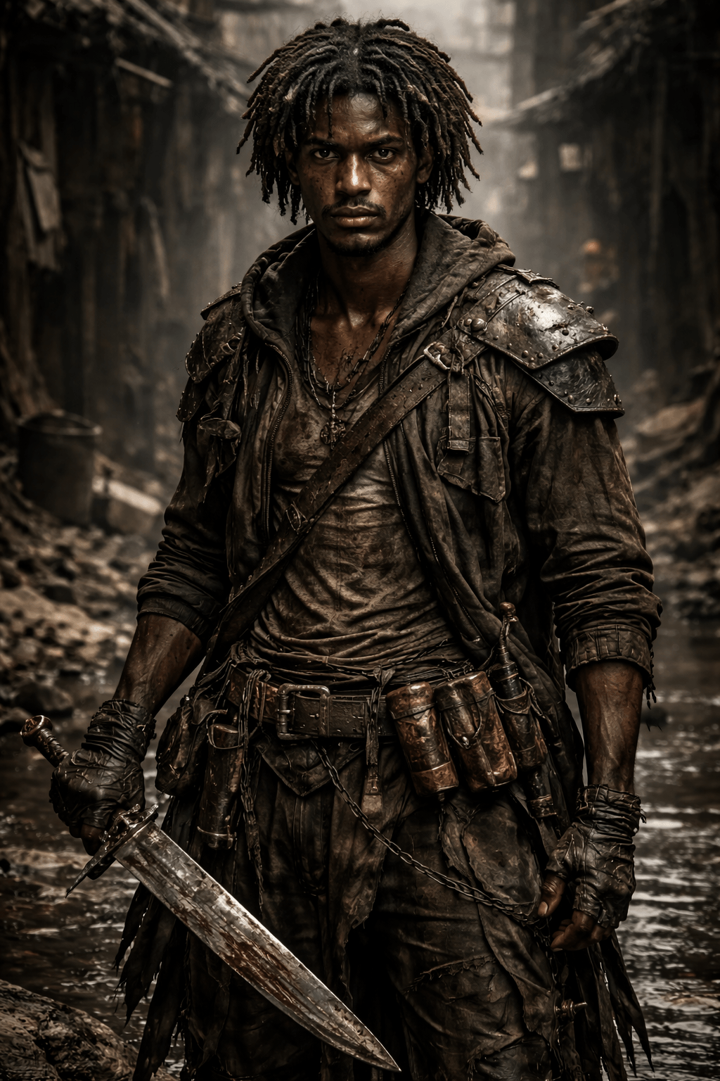 Andy, a determined warrior with dreadlocks, wears tattered armor and holds a sword in a desolate, post-apocalyptic setting.