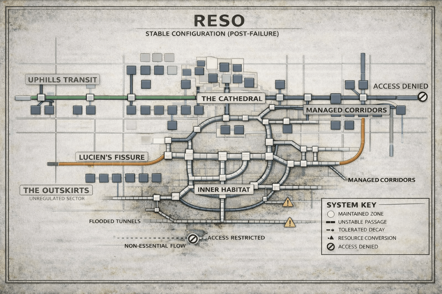 MAP Map showing the RESO stable configuration after failure, with labeled zones like The Cathedral and Inner Habitat.