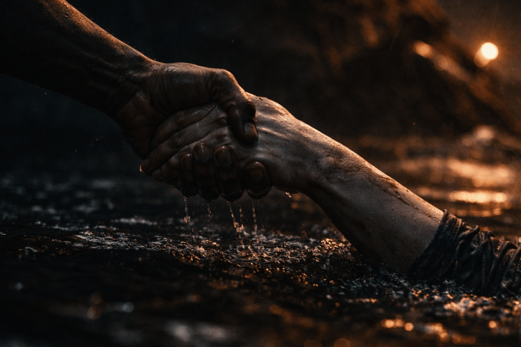 A close-up of two hands tightly clasped, one helping another out of dark, rippling water. Sparks of light reflect.