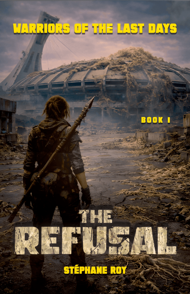 A warrior with a spear stands before the overgrown, ruined Montreal Olympic Stadium in a post-apocalyptic landscape.
