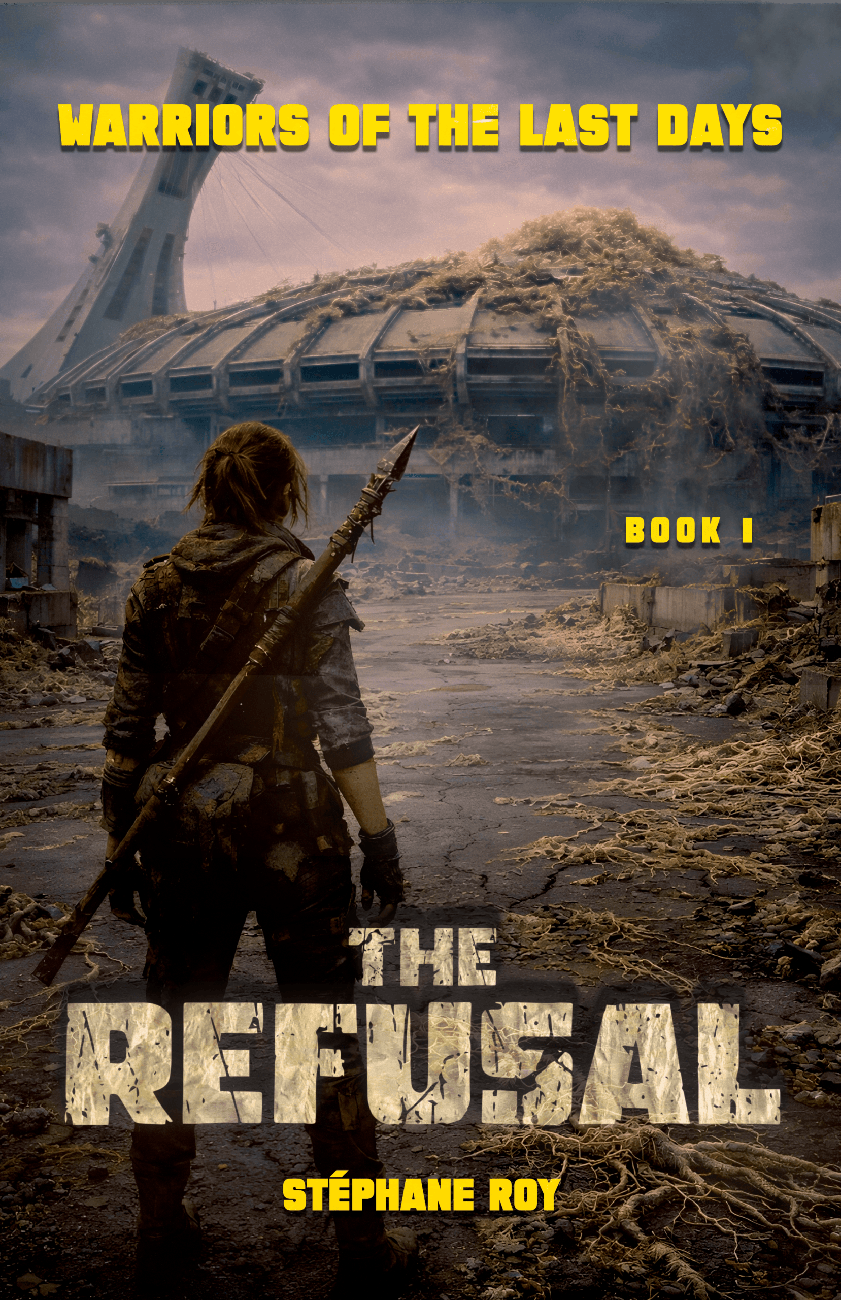 A warrior with a spear stands before the overgrown, ruined Montreal Olympic Stadium in a post-apocalyptic landscape.