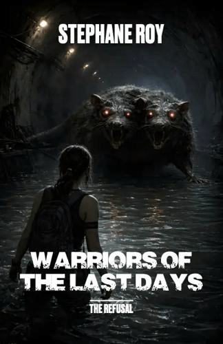 A woman faces a two-headed mutant rat with glowing red eyes in a flooded tunnel. "Warriors of the Last Days" is written below.