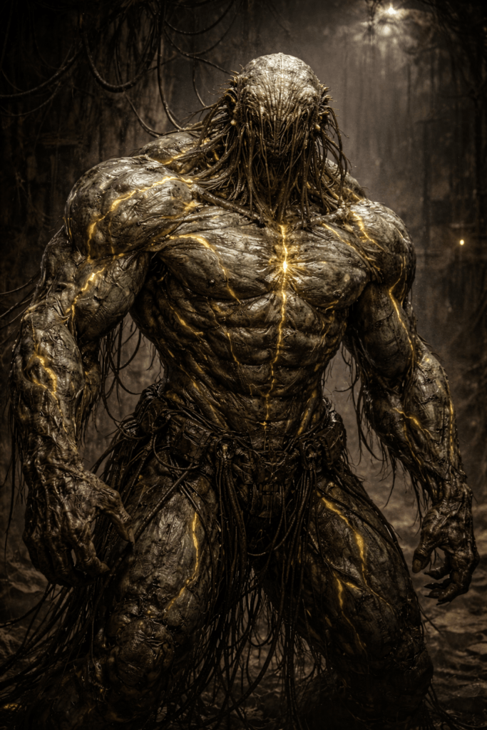 A muscular, monstrous humanoid figure with glowing yellow veins and tangled, root-like hair.