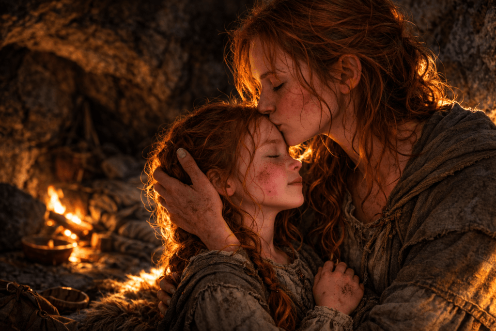 THE FIRST 100 3 Red-haired woman kisses child's forehead by a warm campfire in a dark, rustic setting. Both wear worn clothes, conveying a tender, protective moment.