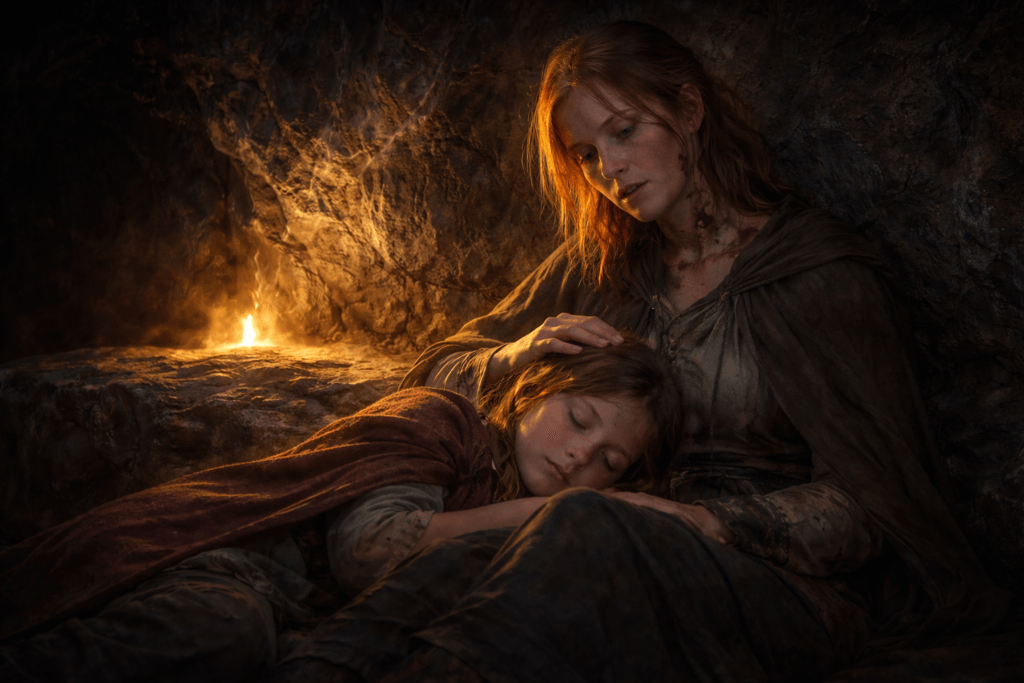 A woman with red hair gently strokes the head of a sleeping child, wrapped in a blanket, by a small fire inside a dark cave.