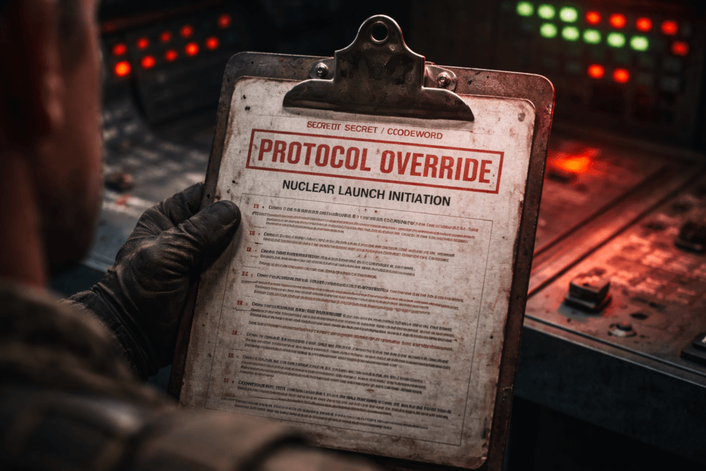 Gloved hand holds a weathered clipboard with 'PROTOCOL OVERRIDE NUCLEAR LAUNCH INITIATION' text, set against a control room.