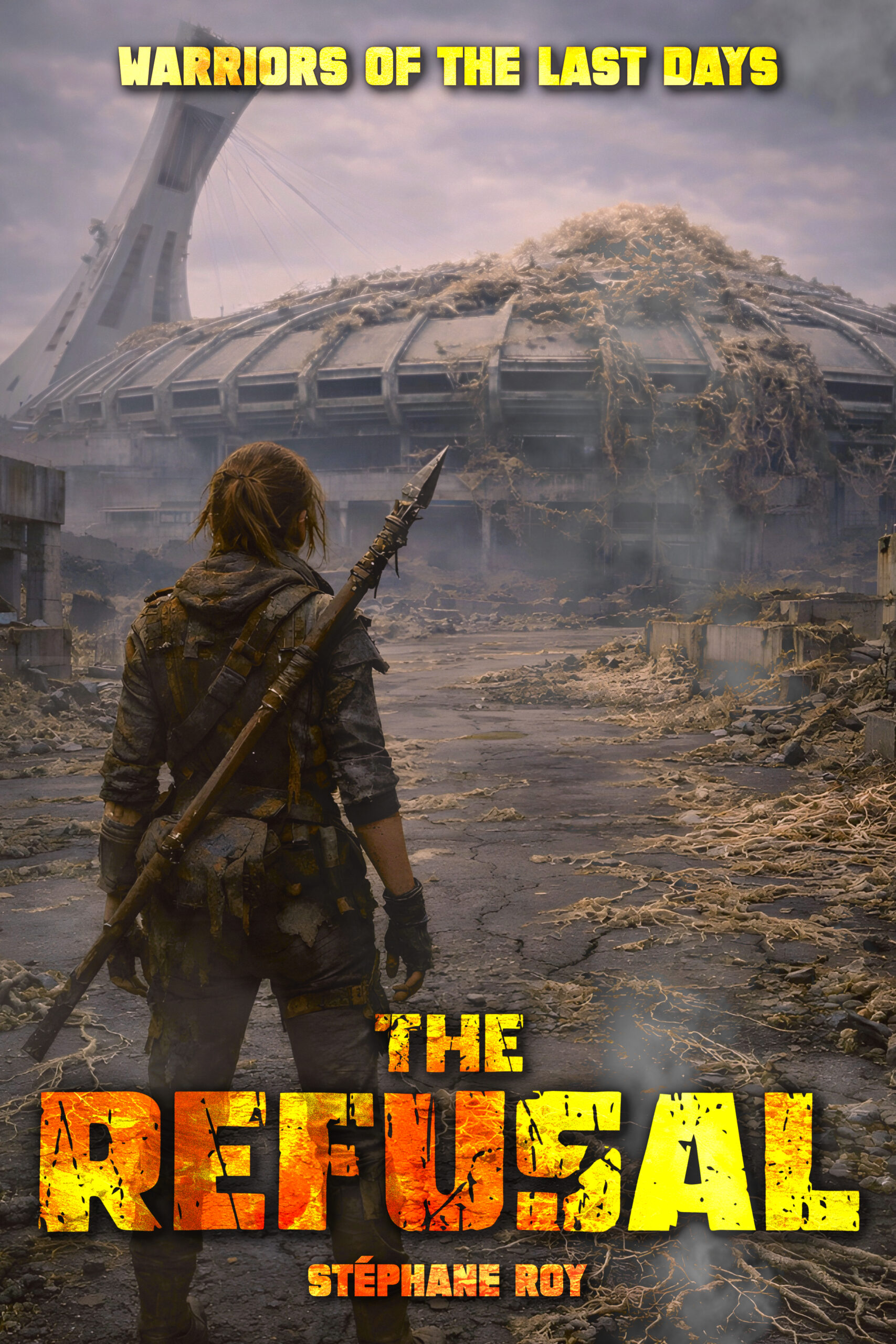 A warrior with a spear in a post-apocalyptic Montreal, facing the ruined Olympic Stadium. Text: THE REFUSAL by Stéphane Roy.