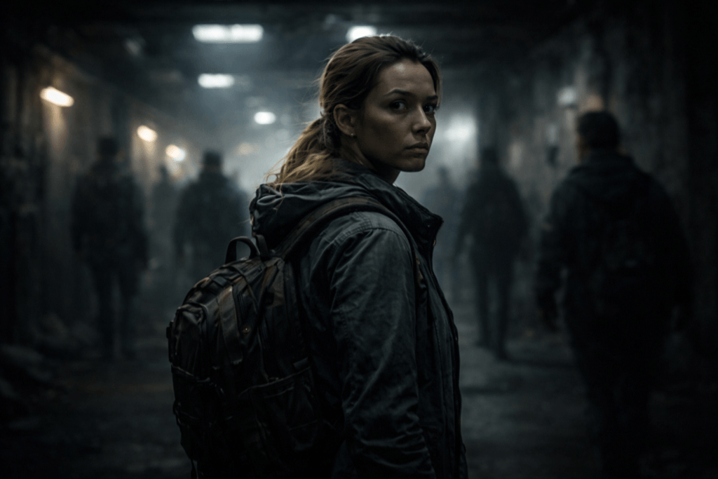 Refusal Trailer: Una, a woman with a backpack, looks back warily in a dark, foggy, post-apocalyptic corridor.