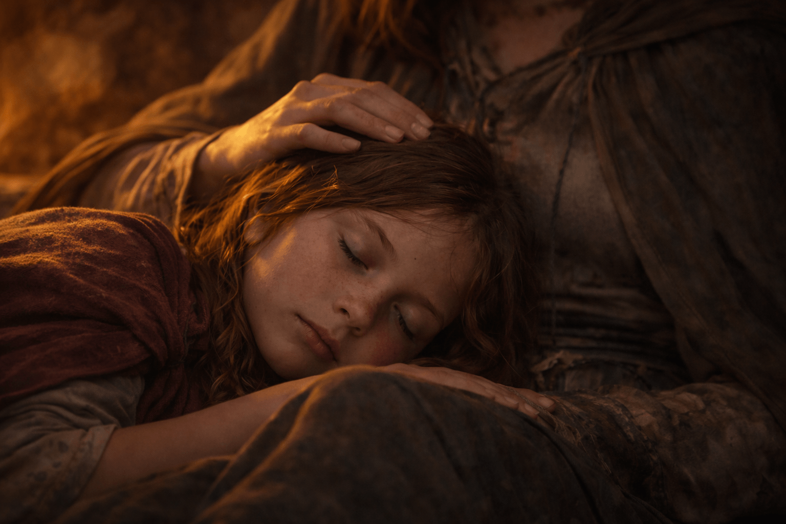 Young Una, a girl with reddish-brown hair, sleeps peacefully on her mother's lap. A comforting hand rests on her head.