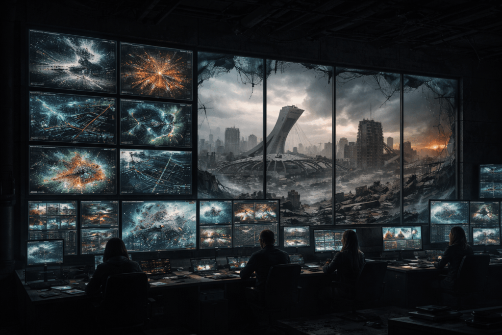Dystopian control room with operators monitoring glowing screens, overlooking the ruined, post-nuclear Montreal skyline, including the Olympic Stadium.