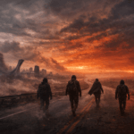FREQUENTLY ASKED QUESTIONS 1 Four hooded survivors walk on a ruined highway towards a devastated Montreal, featuring the Olympic Stadium, under a fiery post-apocalyptic sky.