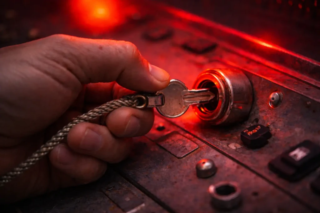 THE LAST PROTOCOL TEASER 1 THE LAST PROTOCOL: Hand inserts a silver key on a braided cord into a lock on a gritty metal control panel, illuminated by a vivid red light.