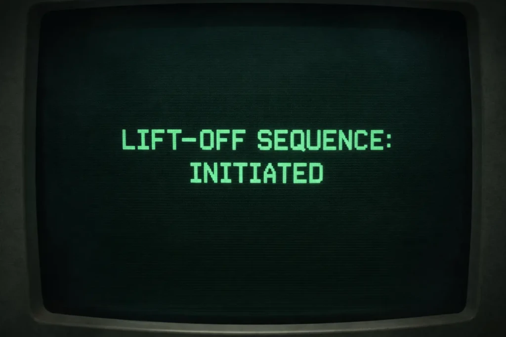 THE LAST PROTOCOL PROLOGUE 2 THE LAST PROTOCOL PROOGUE: Retro monitor screen displaying bright green pixelated text: 'LIFT-OFF SEQUENCE: INITIATED' on a dark background, signaling a critical event.