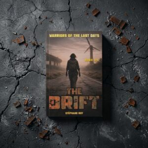 THE DRIFT 2 Book cover for The Drift featuring a lone figure walking down a post-apocalyptic road toward a silhouette of a windmill.