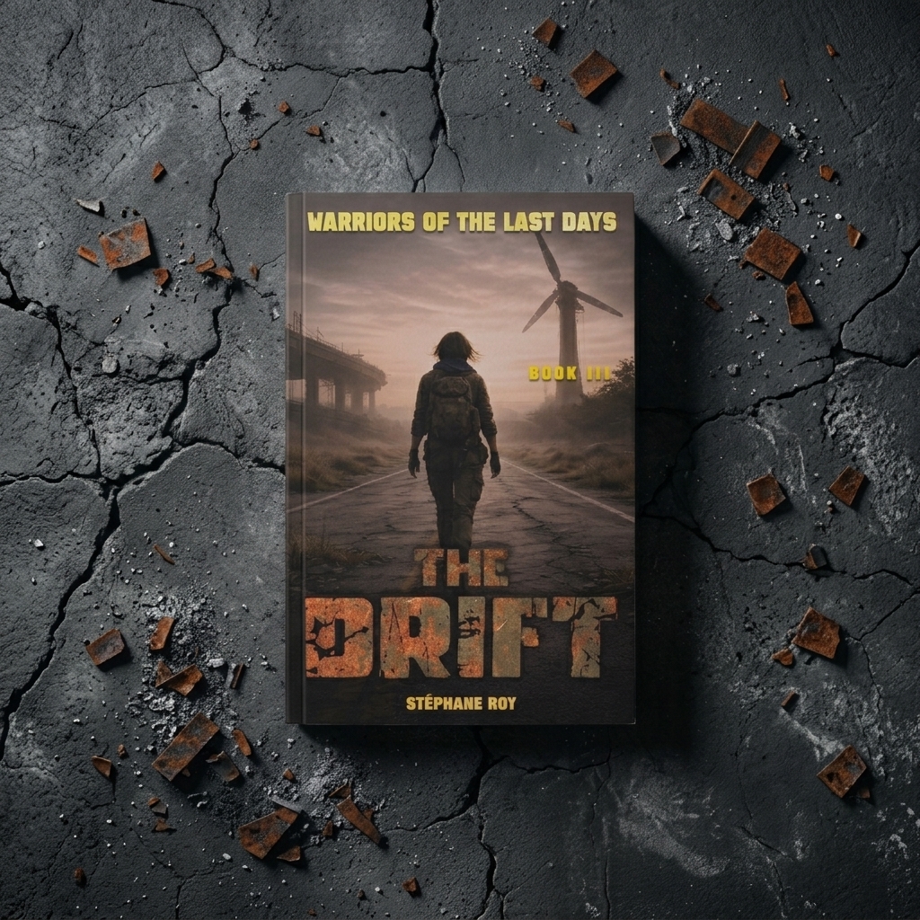 BOOK III: THE DRIFT LAUNCH: Book cover for The Drift featuring a lone figure walking down a post-apocalyptic road toward a silhouette of a windmill.