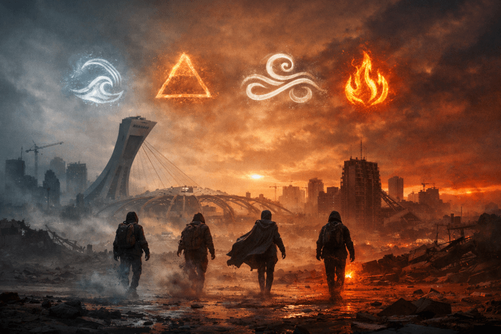ADVANCE READER COPY: WARRIORS OF THE LAST DAYS UNIVERSE.Four cloaked figures walk through post-nuclear Montreal under elemental symbols. Olympic Stadium stands amid orange-grey sky and debris.