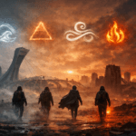 FREQUENTLY ASKED QUESTIONS 2 Four cloaked figures walk through post-nuclear Montreal under elemental symbols. Olympic Stadium stands amid orange-grey sky and debris.