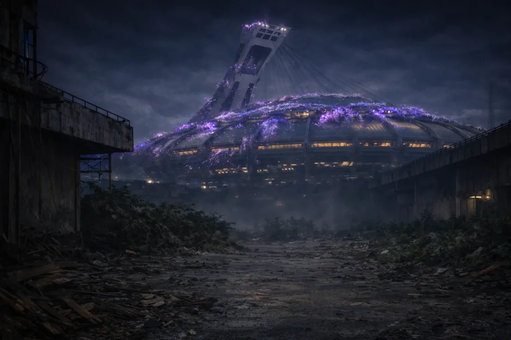 Dystopian Montreal Olympic Stadium at night, covered in glowing purple flora, seen from a ruined, overgrown foreground under a dark sky.
