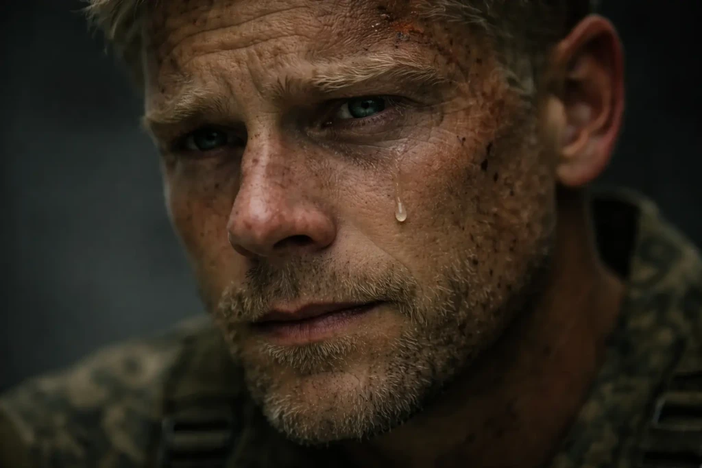 Close-up of a weary man with dirty skin and blue eyes, a single tear falling from his right eye. He wears a camouflage uniform, conveying intense emotion for 'The Last Protocol' teaser.