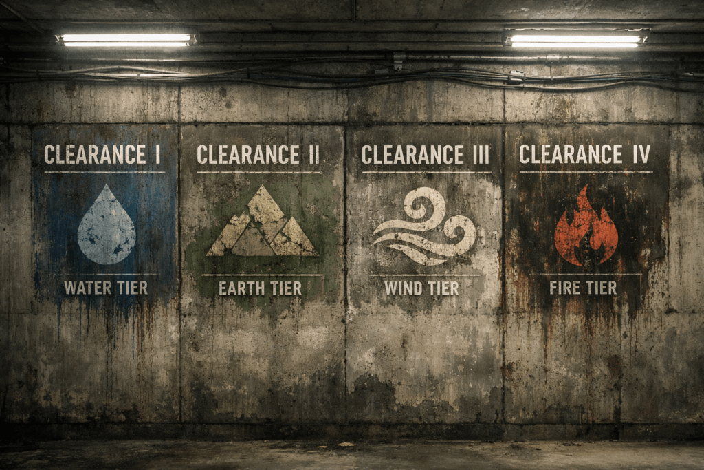 RESTRICTED ACCESS: Four grimy concrete posters display clearance levels I-IV with symbols for water, earth, wind, and fire tiers.