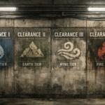 FREQUENTLY ASKED QUESTIONS 7 Four grimy concrete posters display clearance levels I-IV with symbols for water, earth, wind, and fire tiers.