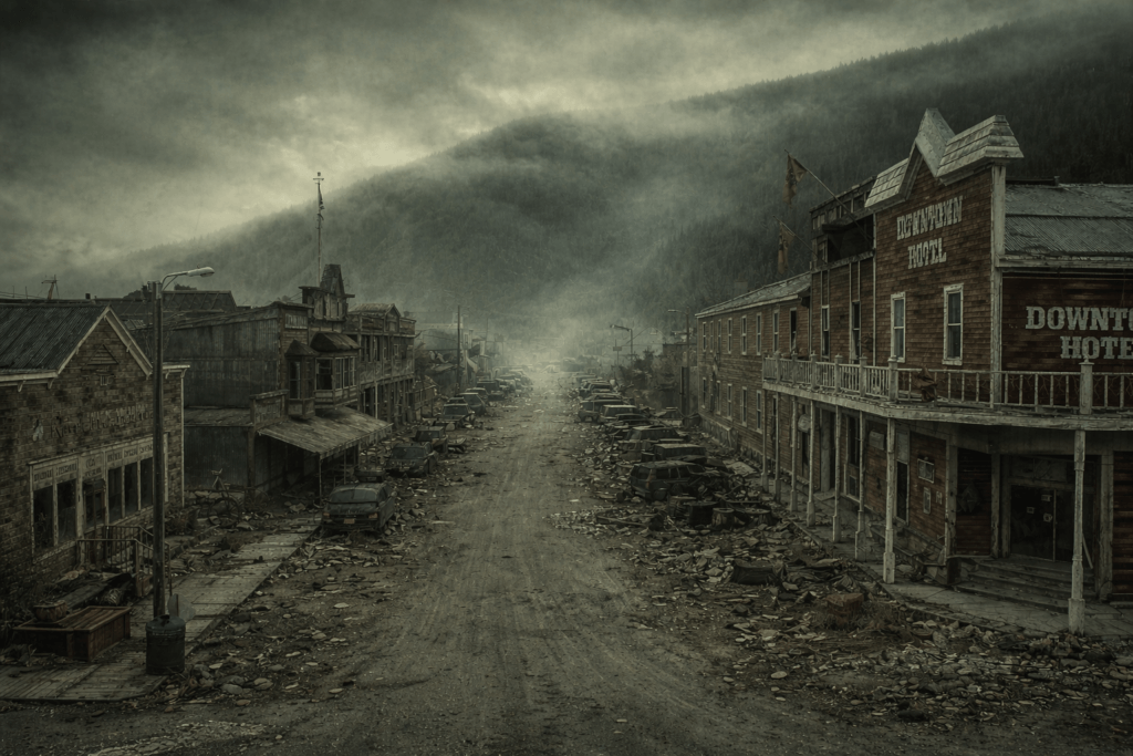 Desolate street in a ruined town, lined with decaying buildings and abandoned cars under a foggy, overcast sky. Features the 'Downtown Hotel'.
