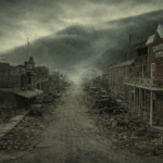 Desolate street in a ruined town, lined with decaying buildings and abandoned cars under a foggy, overcast sky. Features the 'Downtown Hotel'.