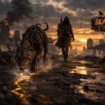 FREQUENTLY ASKED QUESTIONS 6 Cookies Policy: A hooded survivor with a lantern and a cybernetic dog named DOG1 search through a desolate, ruined city at sunset. A sign reads 'SEARCH'.