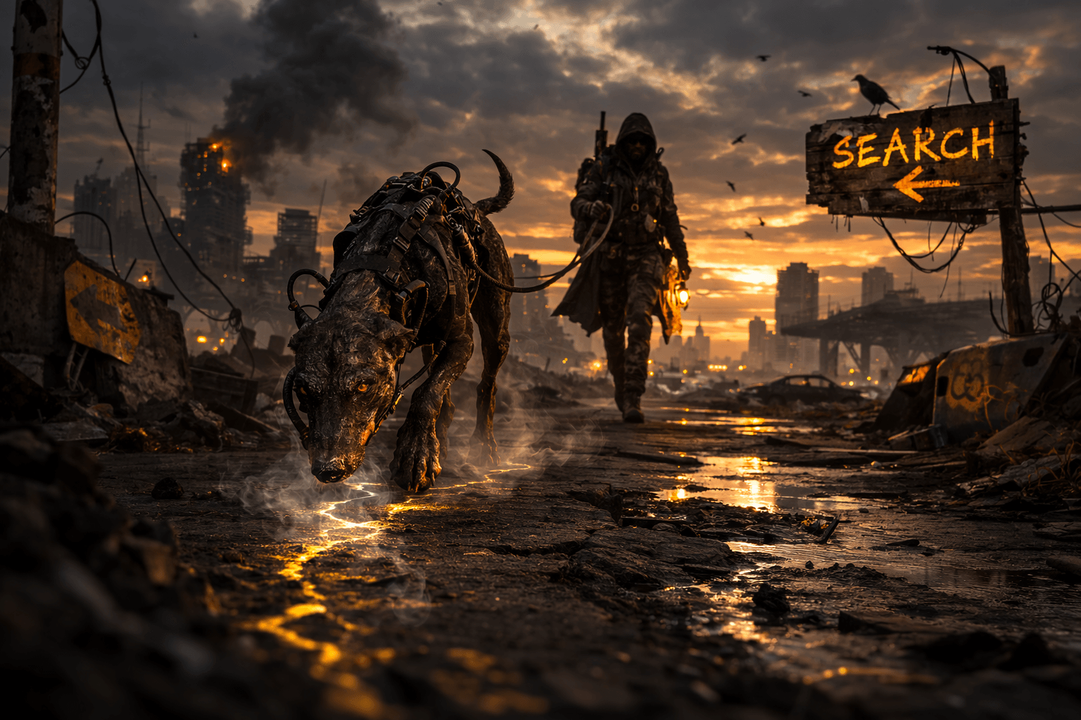 COOKIES POLICY Cookies Policy: A hooded survivor with a lantern and a cybernetic dog named DOG1 search through a desolate, ruined city at sunset. A sign reads 'SEARCH'.