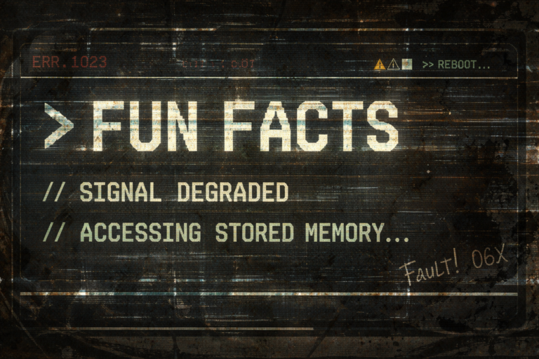 Glitched digital screen displaying 'FUN FACTS', 'SIGNAL DEGRADED', 'ACCESSING STORED MEMORY...', and 'Fault! 06X' in a dystopian style.