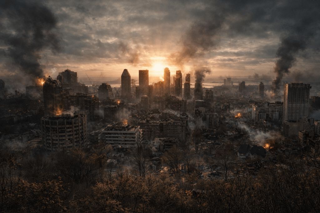 Panoramic view of post-nuclear Montreal at sunset, with a ruined cityscape, buildings burning, and thick smoke rising.
