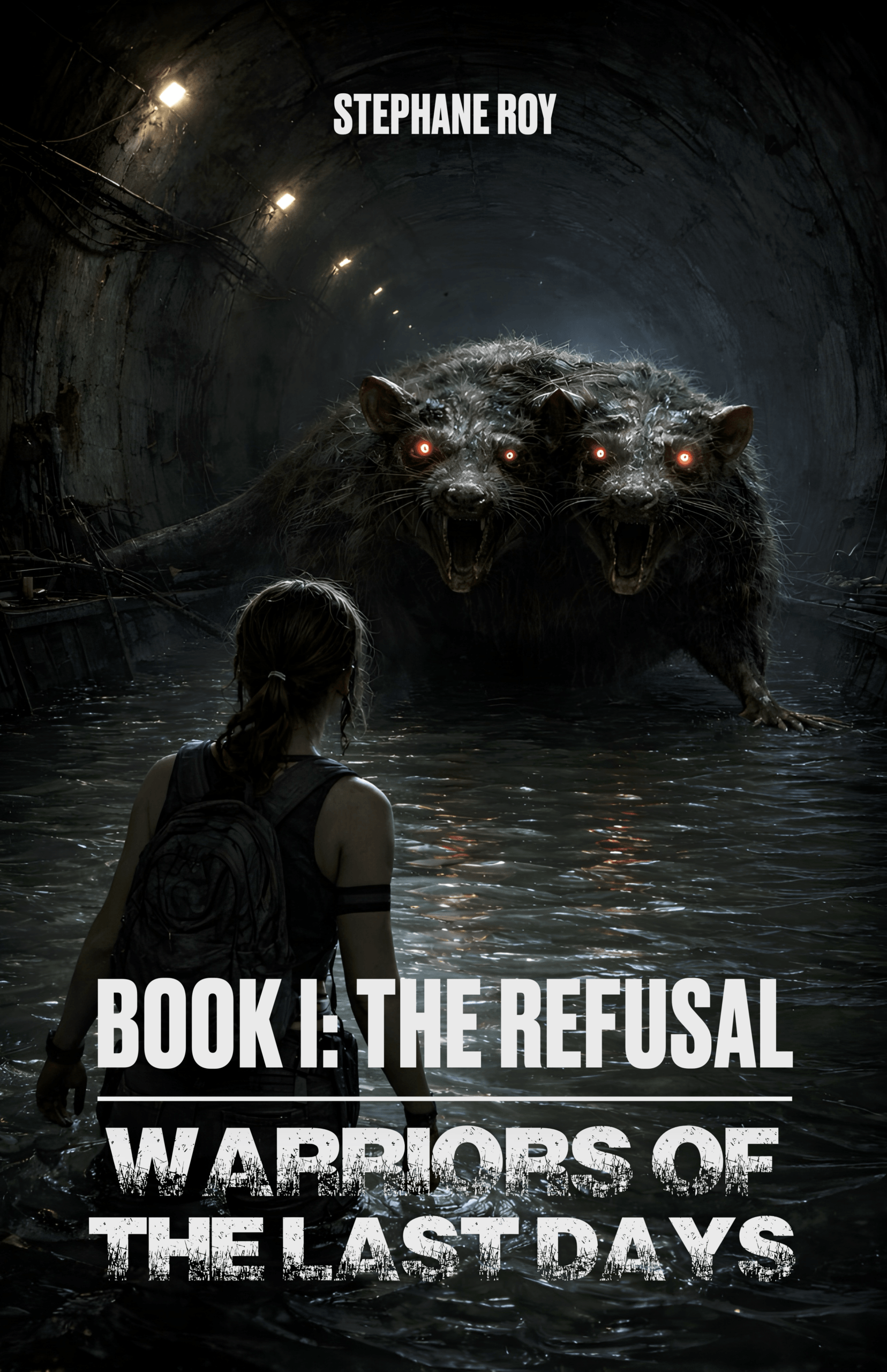 Book cover for Stephane Roy's 'The Refusal'. A woman in a flooded tunnel confronts a large, two-headed rat with glowing red eyes.