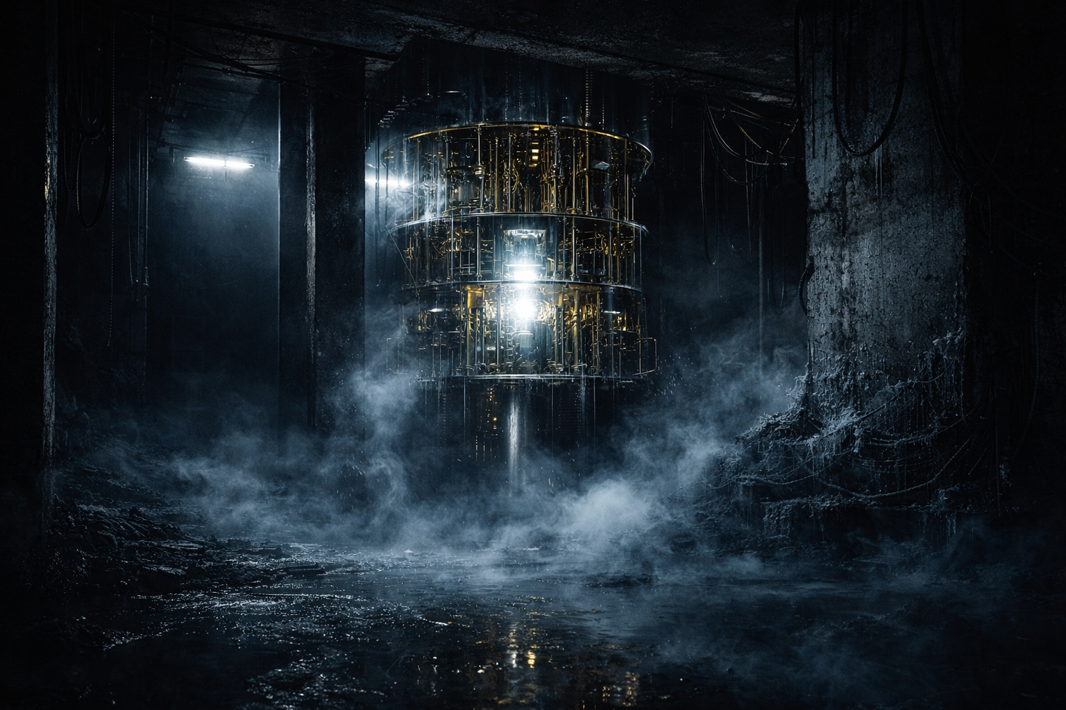RESO 1 A powerful, glowing quantum computer core, possibly RESO, in a dark, misty, post-apocalyptic industrial setting.
