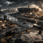 FREQUENTLY ASKED QUESTIONS 4 Dystopian Montreal cityscape under storm, showing a stadium, river, lightning, fires, and 'RESTRICTED' documents in foreground.