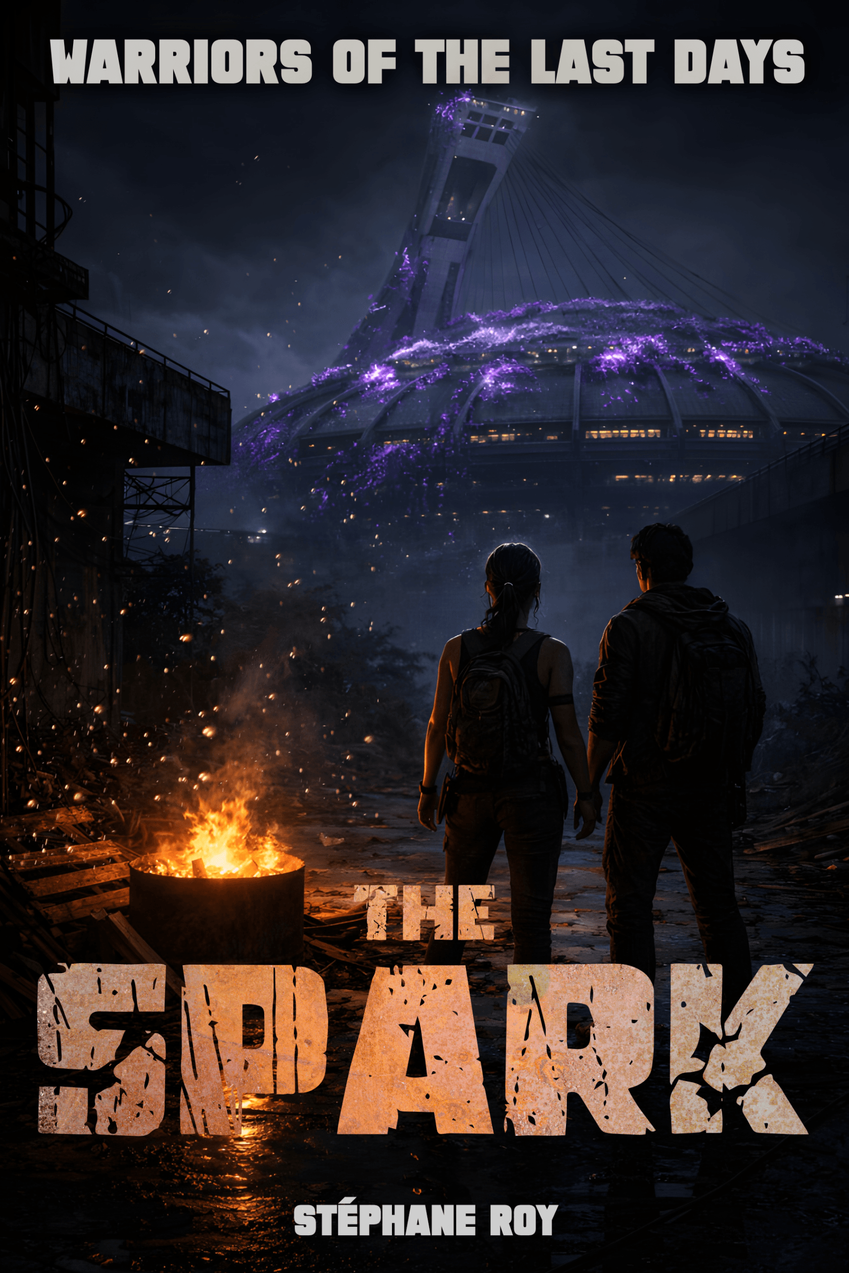 BOOK IV: THE SPARK Cover for 'The Spark' novel: Two figures overlook a purple-glowing Olympic Stadium in post-nuclear Montreal, with a barrel fire.