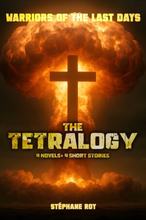 Book cover art featuring a large cross silhouetted against a massive nuclear explosion, with dystopian novel series text.