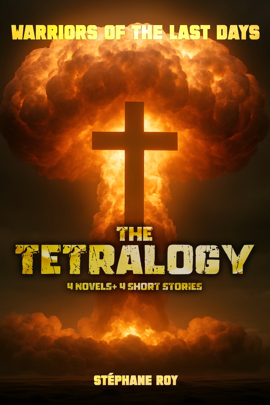 Book cover art featuring a large cross silhouetted against a massive nuclear explosion, with dystopian novel series text.