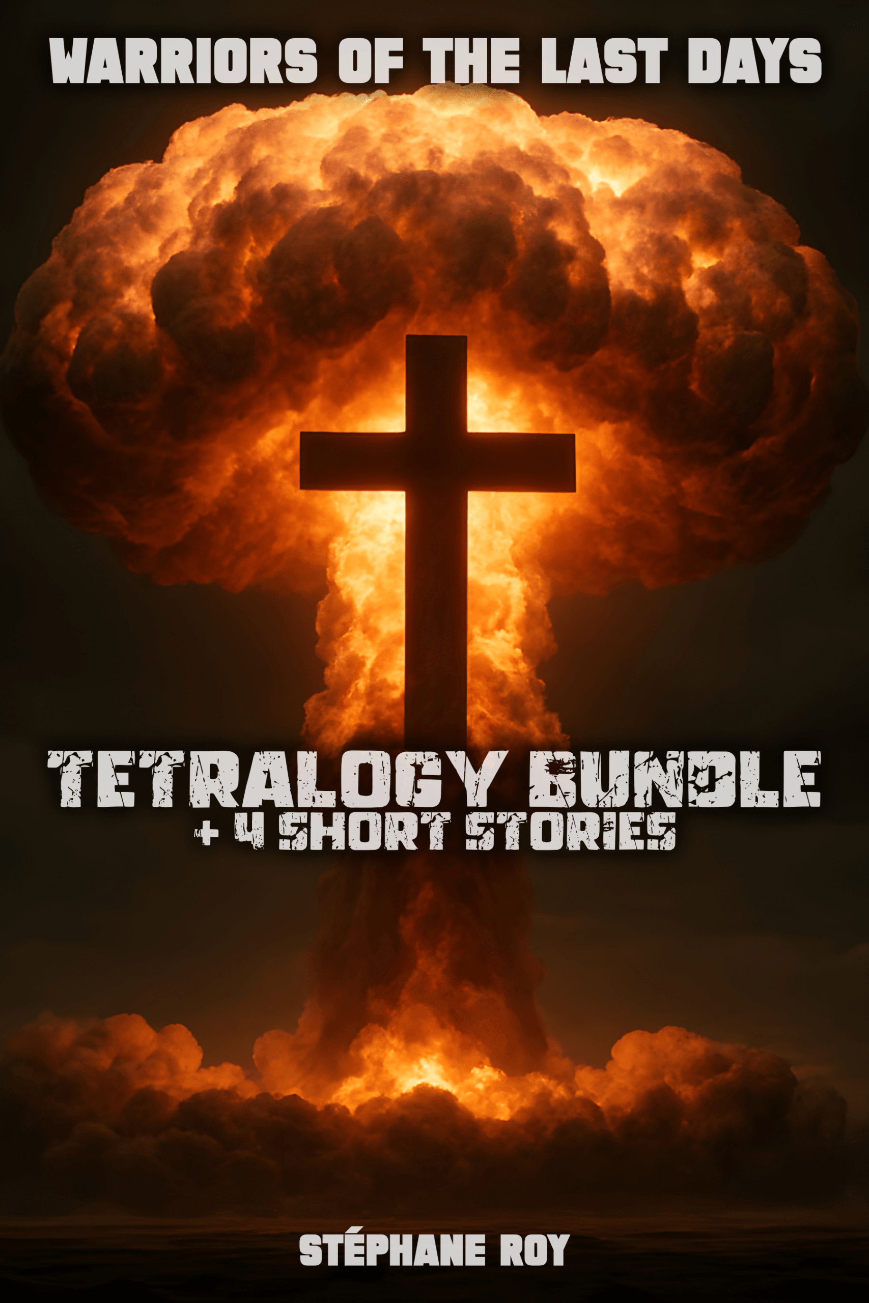 A silhouette of a Christian cross centered in front of a massive orange and black post-nuclear mushroom cloud.
