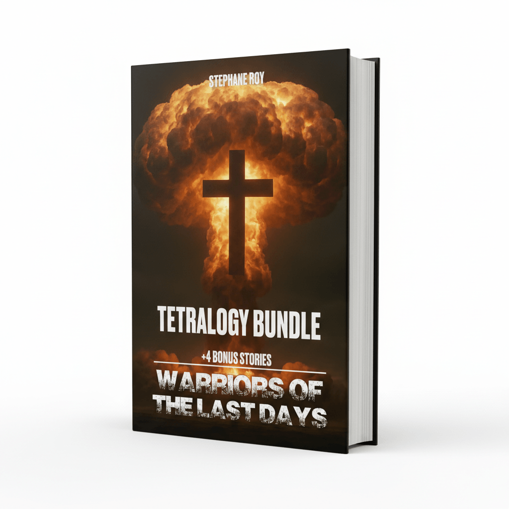 Book cover for Stephane Roy's Tetralogy Bundle: Warriors of the Last Days. Features a luminous cross over an atomic explosion.