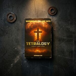 A book cover titled Warriors of the Last Days Tetralogy Bundle showing a cross silhouette against a nuclear explosion on a metallic background.