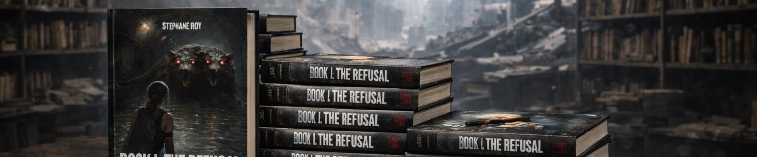 Covers of Stephane Roy's 'Book I: The Refusal' showing a girl confronting a multi-headed monster in a dark, ruined library.
