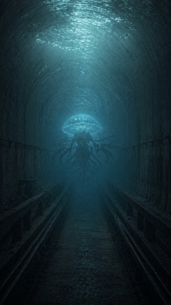THE REFUSAL CREATURES 7 A bioluminescent Acedian creature with a jellyfish-like top floats inside a dark, water-filled submerged concrete tunnel.