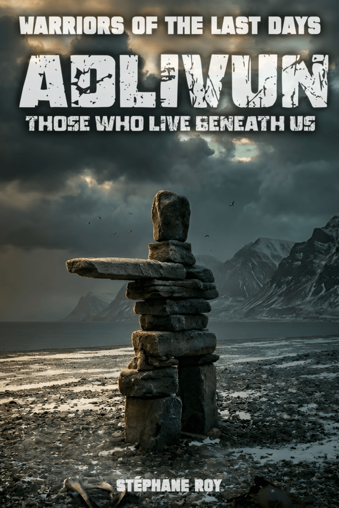 ADLIVUN short story cover: A stone inukshuk stands on a desolate, rocky shore under a stormy sky, with mountains. Text: ADLIVUN.