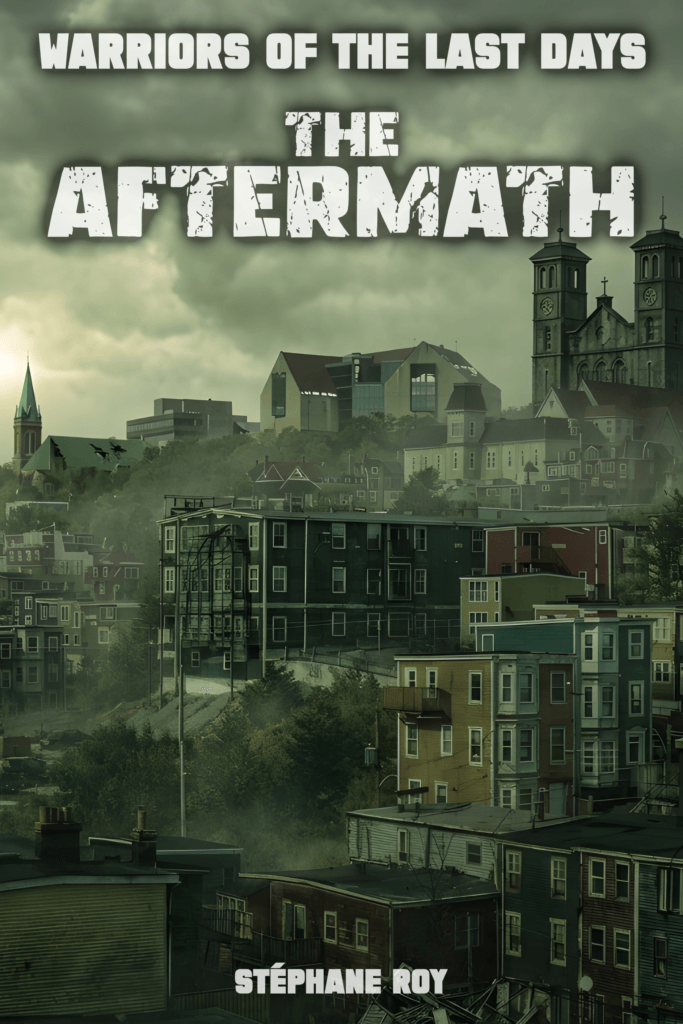 Cover for 'The Aftermath' short story, depicting a desolate, greenish-grey cityscape under a cloudy, post-apocalyptic sky.