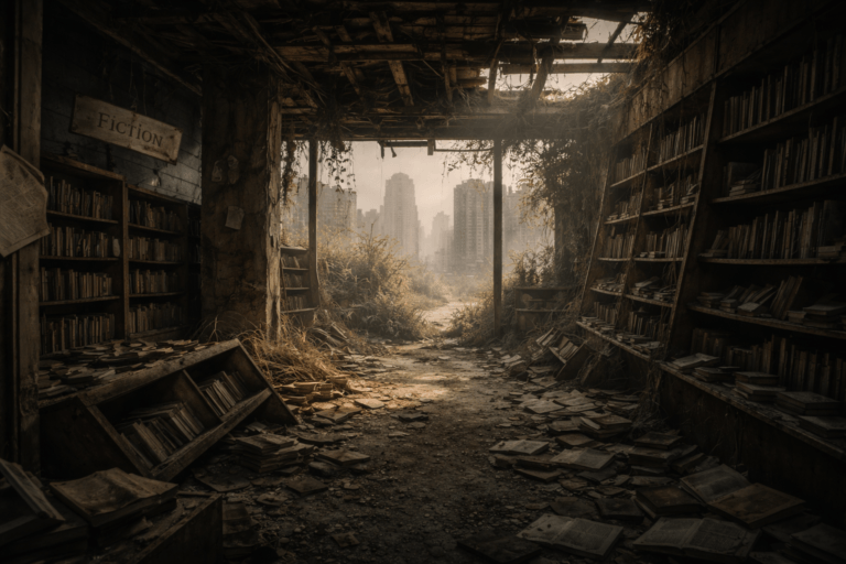 A desolate, sepia-toned library with a 'FICTION' sign, shelves of scattered books, and a ruined city visible through a doorway.