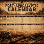 A distressed 'Post-Apocalyptic Calendar' with scattered military gear: gas mask, rifle, lantern, and ammunition.