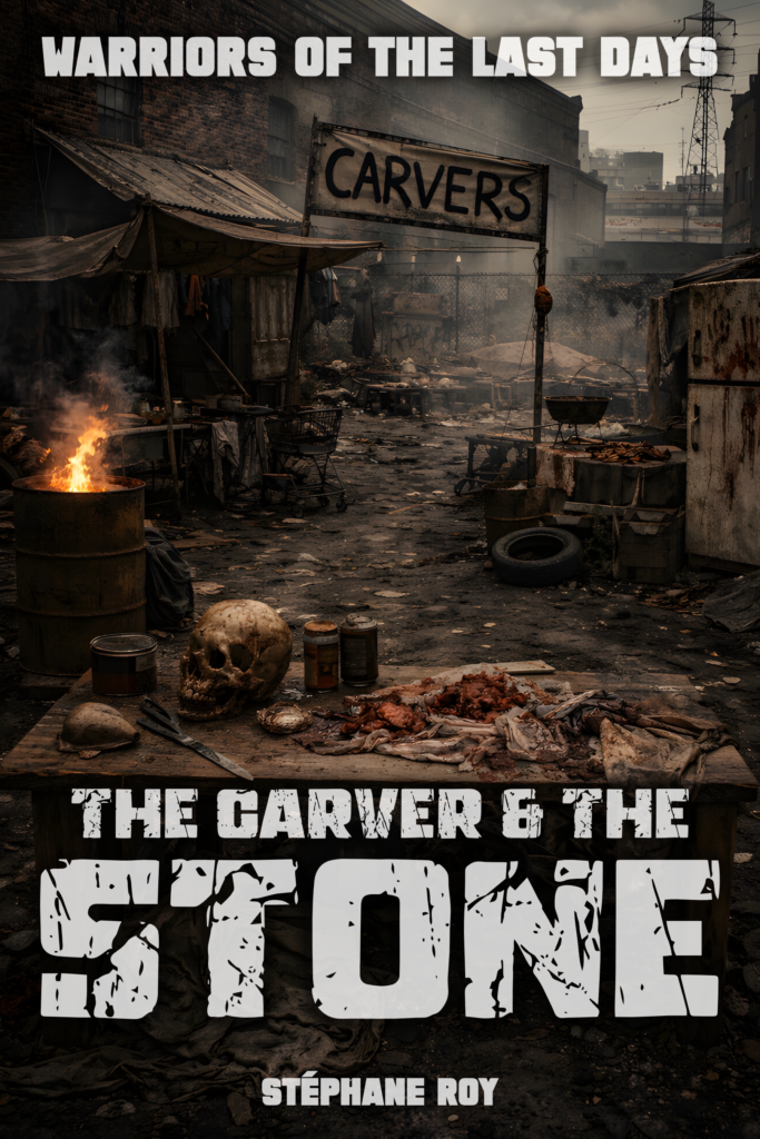 Book cover for The Carver & The Stone, showing a human skull and raw meat on a table in a desolate street.
