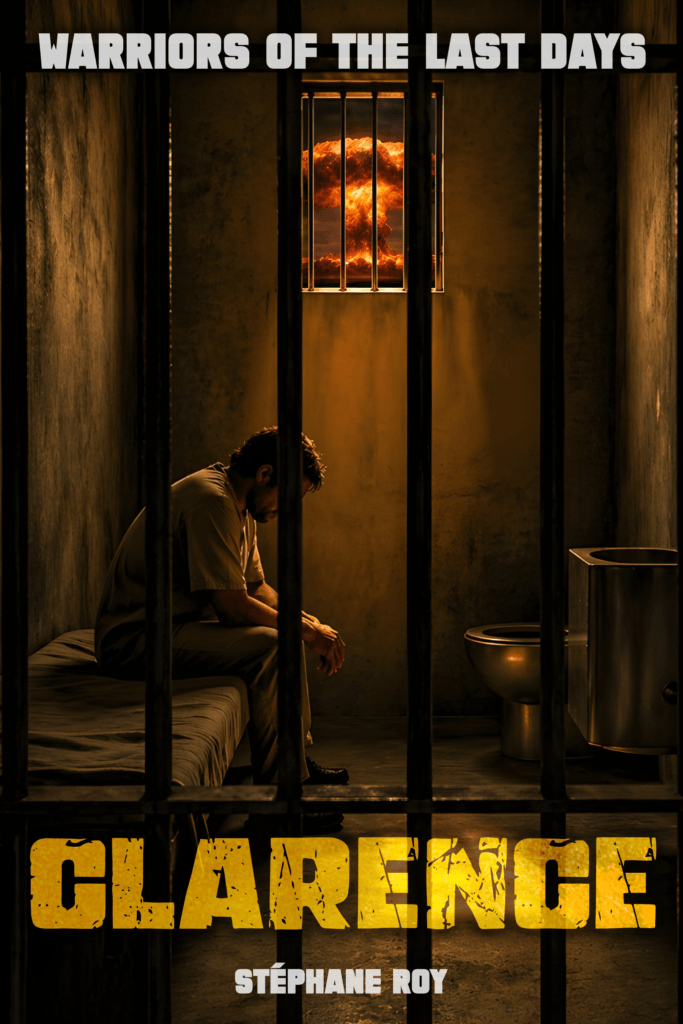 Clarence sits despondently in a dim prison cell. A nuclear mushroom cloud fills the barred window.