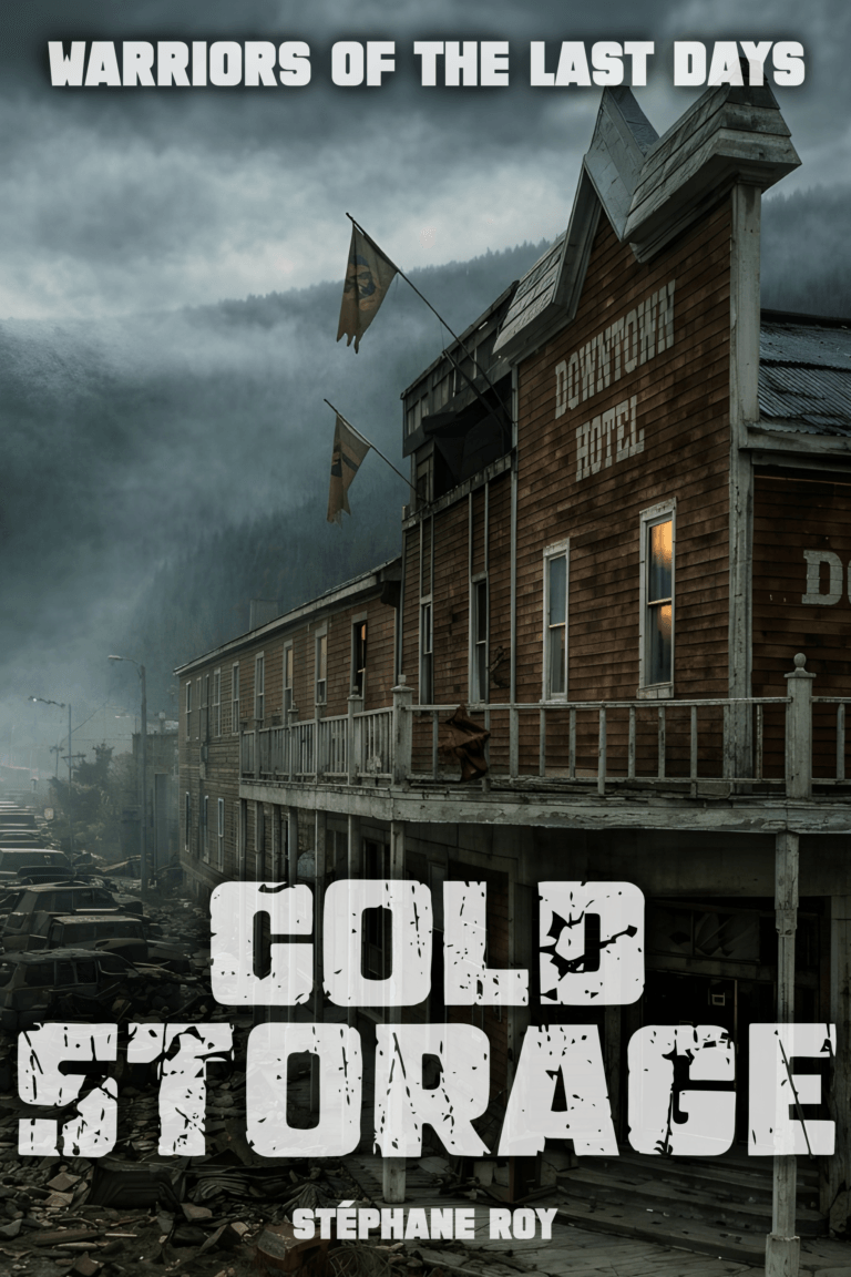 COLD STORAGE WARRIORS OF THE LAST DAYS NOVEL COVER Dystopian scene of the Downtown Hotel in post-apocalyptic Montreal with snowy mountains in the background.