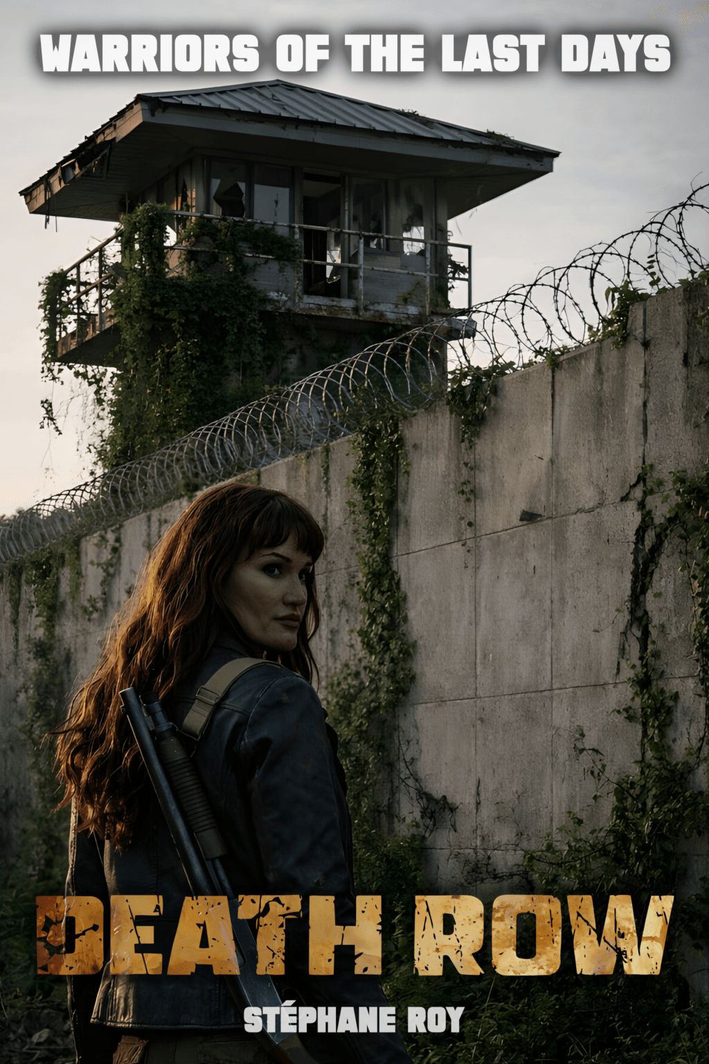 Book cover for 'Death Row': A warrior woman with a shotgun, ruined guard tower, razor wire, and overgrown wall.
